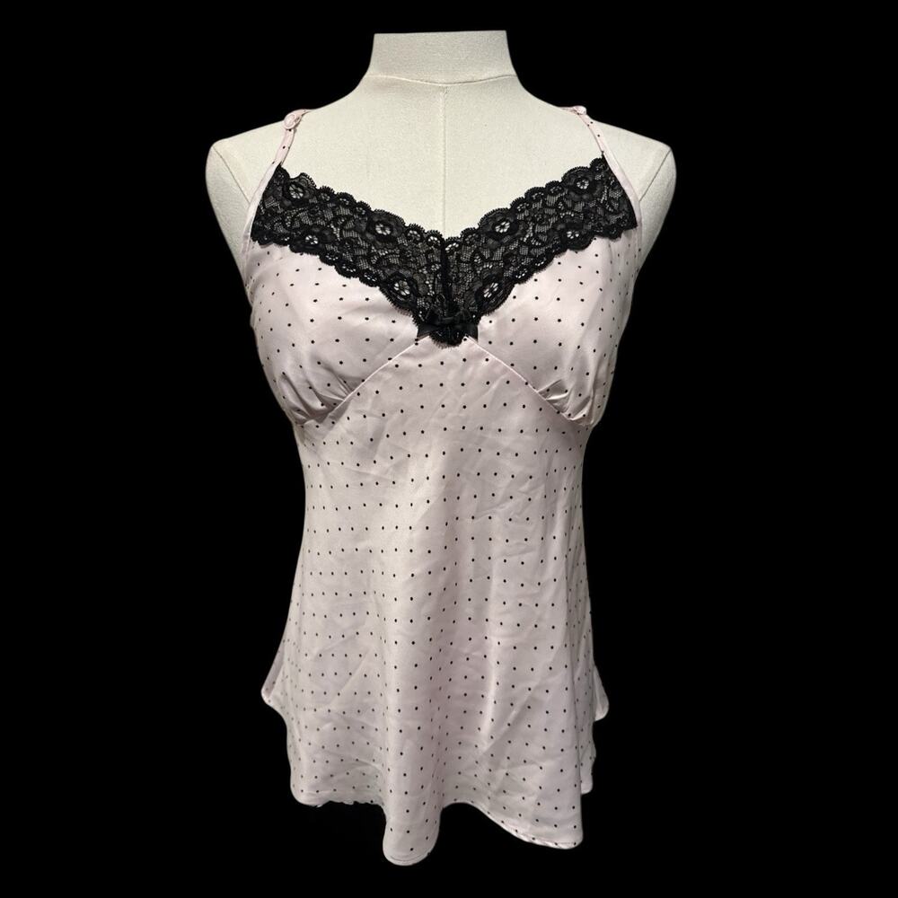 Cosmopolitan Babydoll Cami Top Pink Black Lace Racerback Satin Coquette Size L